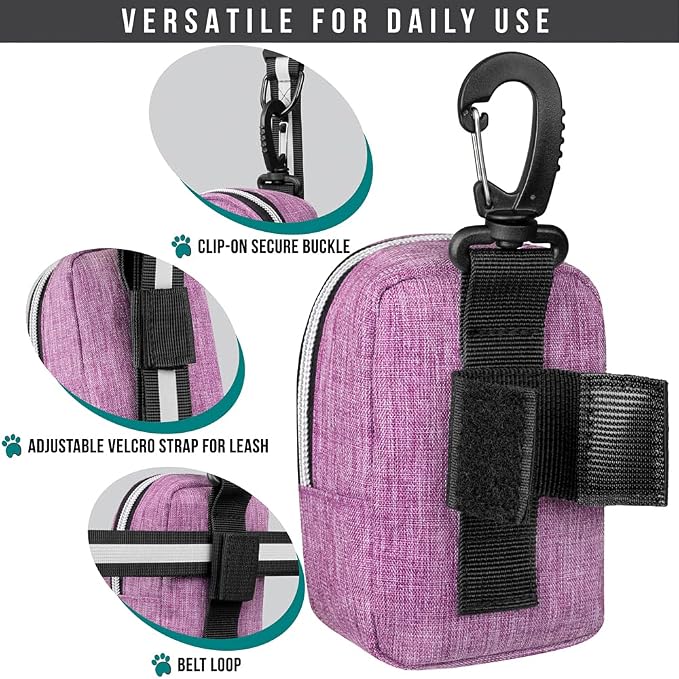 PetAmi Dog Poop Bag Holder for Leash, Waste Bag Dispenser Pet Pouch, Purple | Doggy Puppy Walking Accessories Travel Camping, Dog Treat Pouch Supplies Must Have, Doggie Poo, Jogging, Walks