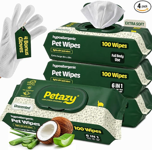 Pet Wipes for Dogs & Cats - Paws, Ears & Butt Cleaning, 400 Count | Unscented, Hypoallergenic for Sensitive Skin, XL, Extra Thick, Tear-Resistant, Deodorizing, Aloe & Coconut Oil, 4 Glove Wipes
