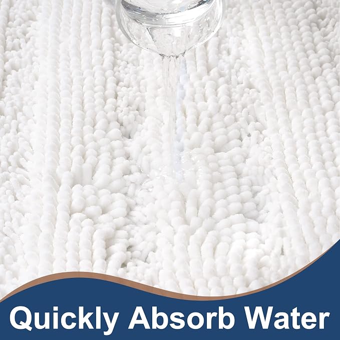 Non Slip Thick Shaggy Chenille Bathroom Rug Sets 2 Piece, Thickened Hot Melt Rubber Bottom Bath Mats for Bathroom, Bath Rugs Quick Dry Machine Washable for Shower (White, 47"x17" Plus 17"x24")