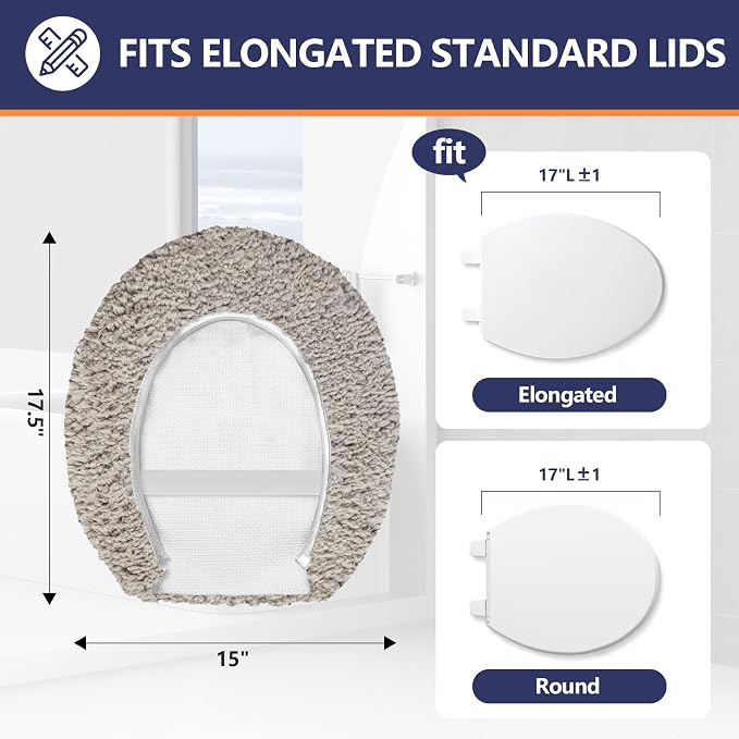 Soft Microfiber Toilet Seat Cover 17.5" x 15" Machine Washable | Solid Toilet Lid Cover Adjustable Rubber Backing Fits Most 16 -17.5" L x 14-16" W Round Oblong and Elongated Toilet Seat
