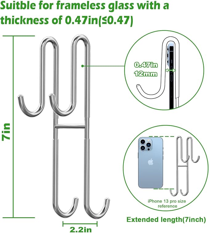 Cerbonny Shower Door Hooks, 2 Pack Extended Double Towel Hooks for Bathroom Frameless Glass Shower Door, Heavy Duty Stainless Steel Bathroom Hanger Without Perforation