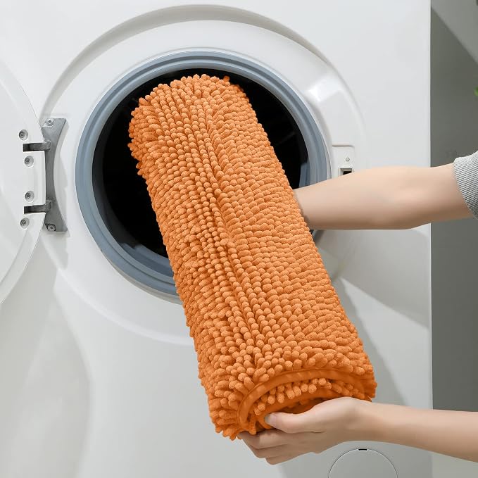 HOMEIDEAS Orange Chenille Bathroom Rugs Set of 3, Non Slip Bath Mat | Super Absorbent, Soft Microfiber, Machine Washable, Stain Resistant, for Bathroom Decor