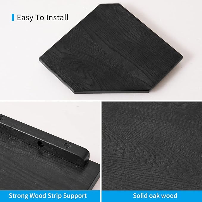 Corner Shelf Wall Mount, Set of 2 Solid Oak Wood Floating Corner Shelves with Wire Hole Display Shelf with Wire Hole Small Plant Display for Kitchen Living Room Bedroom Black