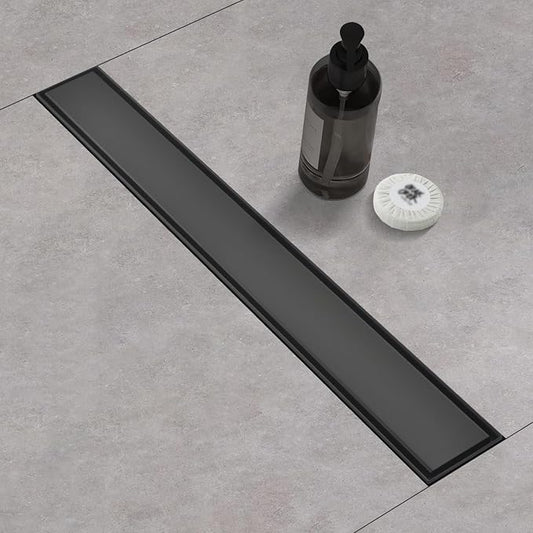 Linear Shower Drain ，with Tile Insert Panels ，48 Inch Black 304 Stainless Steel Rectangle Shower Floor Drain，with Hair Catcher, Adjustable Feet，Fits Bathroom, Balcony