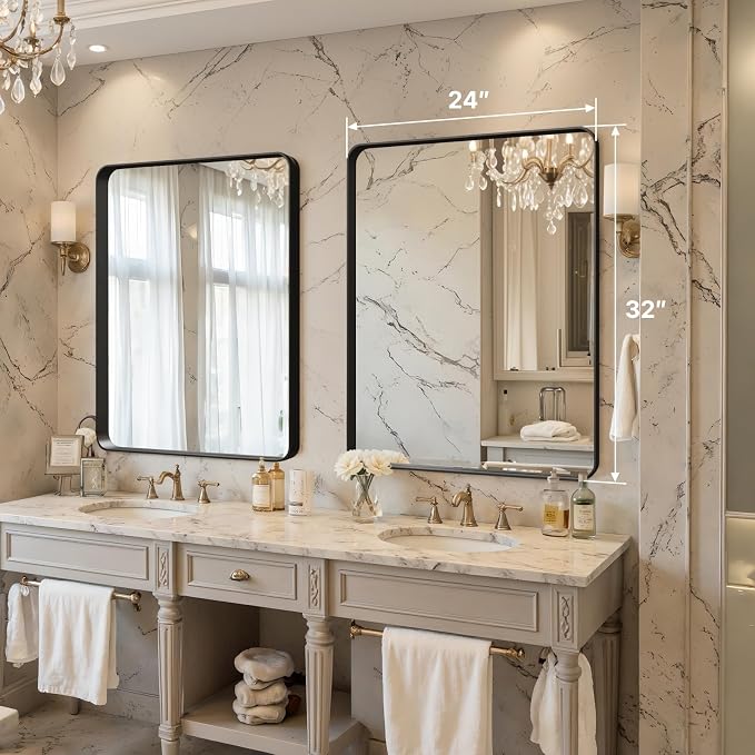 32"x24" Bathroom Vanity Mirror for Wall Aluminum Framed Farmhouse Rectangle | Anti-Rust, HD Reflection Anti-Desilvering, Distortion Free, Tempered and Shatter-Proof Wall Mounted Mirror, Black