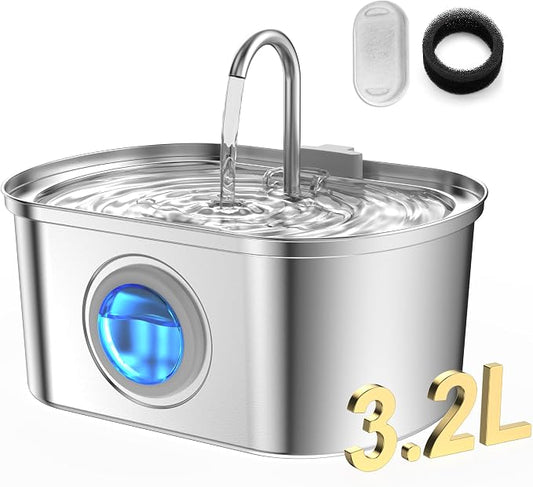 108 oz/3.2L Cat Water Fountain Stainless Steel with Water Level Window | Cat Fountain: Durable, Ultra-Quiet Operation, Large-Capacity Pet Fountain