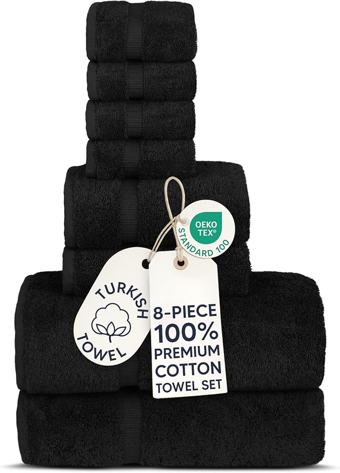 Chakir Turkish Linens 100% Cotton 8-Piece Towel Set, Black | 100% cotton 8-pc set, OEKO-TEX certified: 2 bath 27x54, 2 hand 16x30, 4 washcloths 13x13