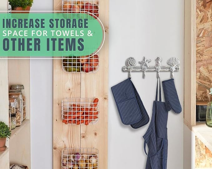 Comfify Antique White Seashell Cast Iron Wall Hook Rack – 4 Hooks, 13.5" | Antique White; 2 seashells + starfish + seahorse; 4"H x 13.5"L; cast iron; includes screws and anchors; coastal decor