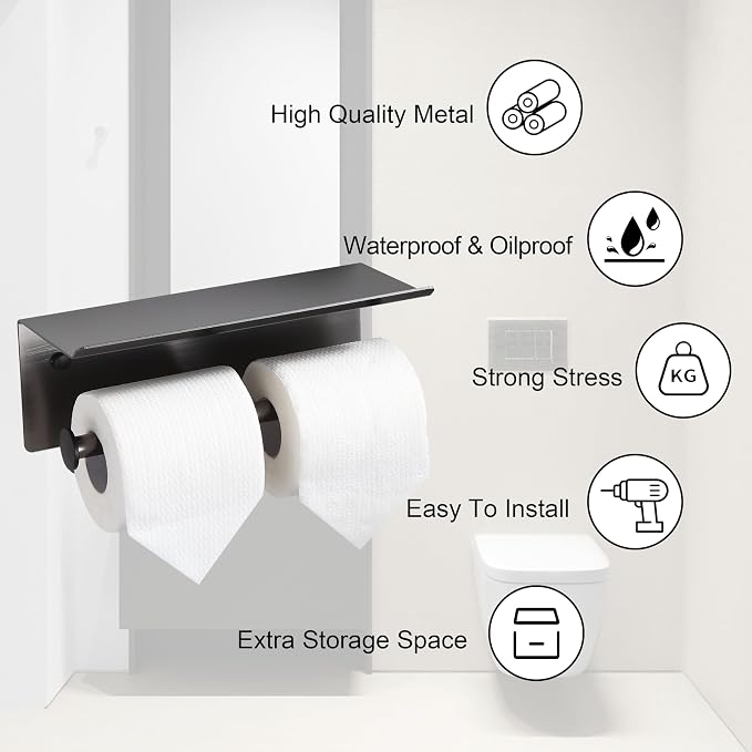 Grey Toilet Paper Roll Holder with Shelf Wall Mounted for Bathroom (Grey, Double Head)
