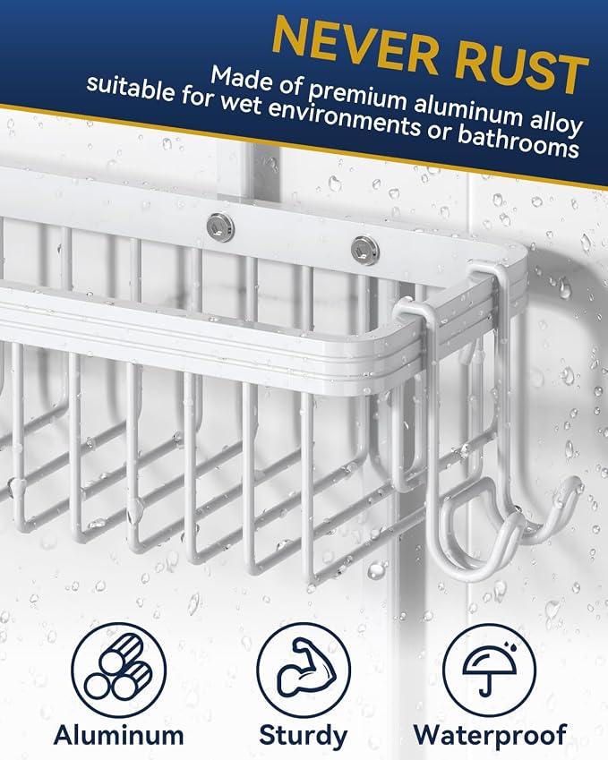 YASONIC Never Rust Shower Caddy Hanging, Aluminum Shower Racks for Inside Shower, 2-Tier Shower Organizer Hanging Over Shower Head with Hooks and Soap Holder, White