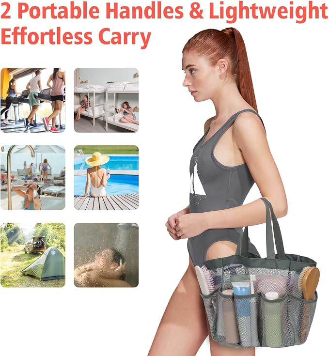 F-color Mesh Shower Caddy Portable, Upgrade Deeper 7 Pockets Shower Bag Basket Tote for College Dorm Room Toiletry Bathroom Essentials Gym Camp Quick Dry 2 handles with S Hook, Grey