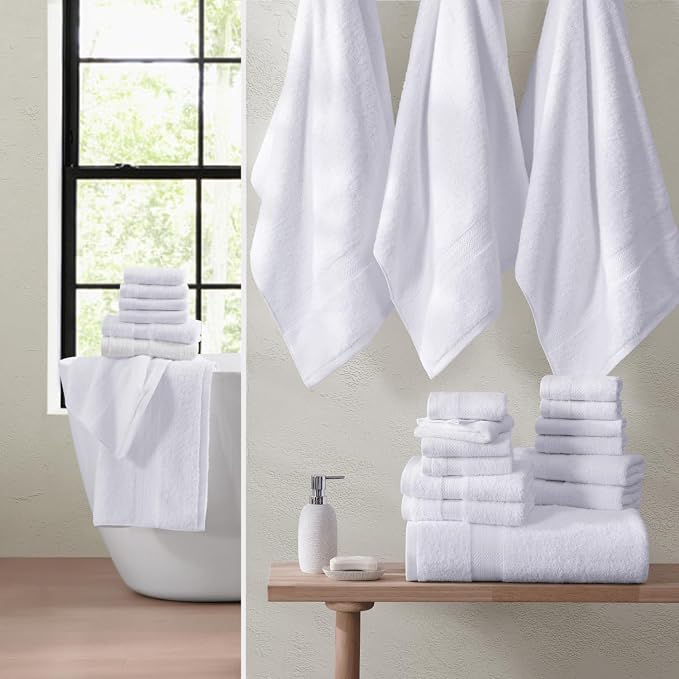 LANE LINEN Bath Towel Set 100% Cotton 18 Piece Soft Absorbent - White | Shower Towels - Generously Sized, Oversized & Roomy, Lightweight & Breathable, Fade-Resistant Color, Classic Terry Weave