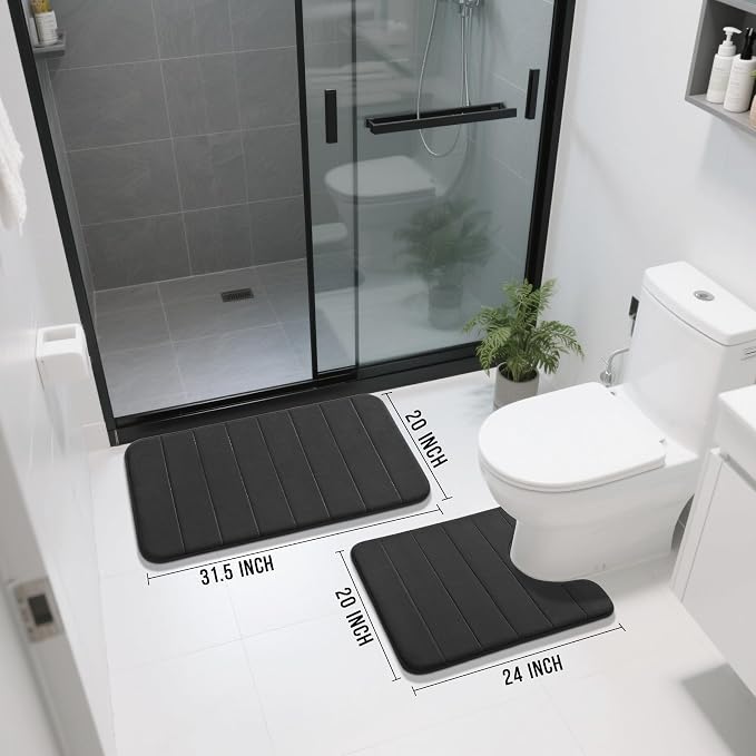 Yimobra Memory Foam Bath Mat Set 2 Piece - Super Soft Absorbent Quick Dry Bathroom Toilet Rugs, Machine Washable Non Slip Floor Carpet for Tub Shower & Single Sink (31.5x20 & 24x20, Black)
