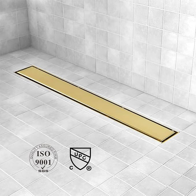 Linear Shower Drain, 48 inch Gold Drain with Tile Insert 2-in-1 Panel, Brushed 304 Stainless Steel Gold Shower Floor Drain, Linear Drain with Hair Strainer and Adjustable Feet