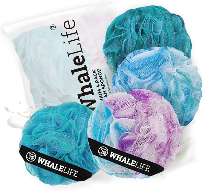 Loofah Sponge Bath Sponge for Women Men 4 Pack (Blue Conbine) | 10X Suds Save Body Wash Double Knotted Anti Tear Core Fast Dry Cotton Loop Stay Fresh Large Mesh for Sensitive Skin
