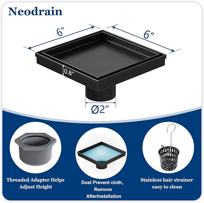 Neodrain Square Shower Drain with Removable Tile Insert Grate,304 Stainless Steel, CUPC Certified, Includes Hair Strainer (Matte Black, 6 in)