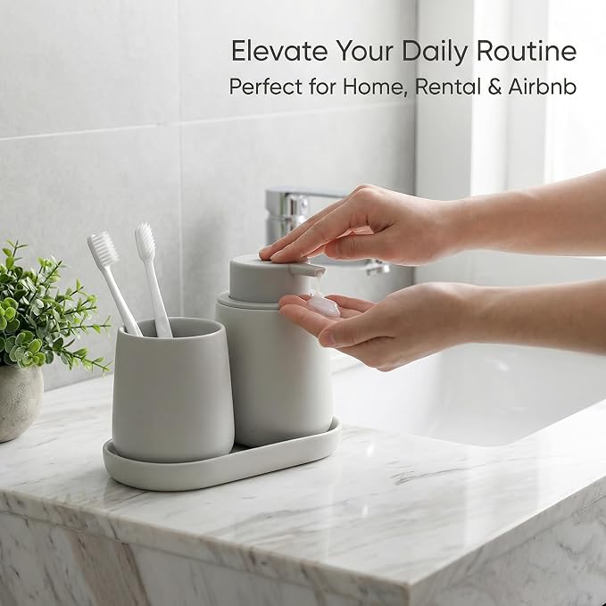 BosilunLife Ceramic Bathroom Accessories Set 3 Pcs | Foaming Soap Dispenser and Toothbrush Holder with Tray, Modern Farmhouse Vanity Decor, Light Grey Housewarming Gift