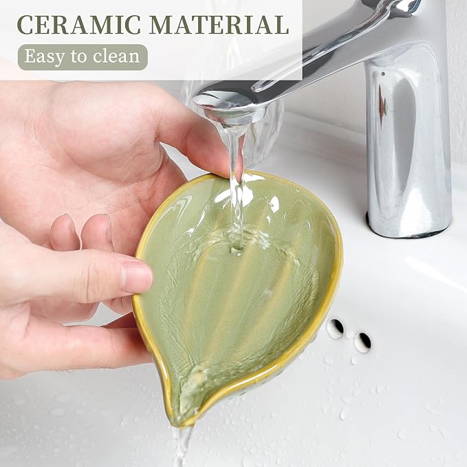 Soap Holder, Self-Draining Soap Dish, Leaf Shape Ceramic Green Bar Soap Holder Drain Soap Dishes for Bathroom Sink Kitchen, Easy to Clean Keeps Soap Dry, ANTIS'S HOME