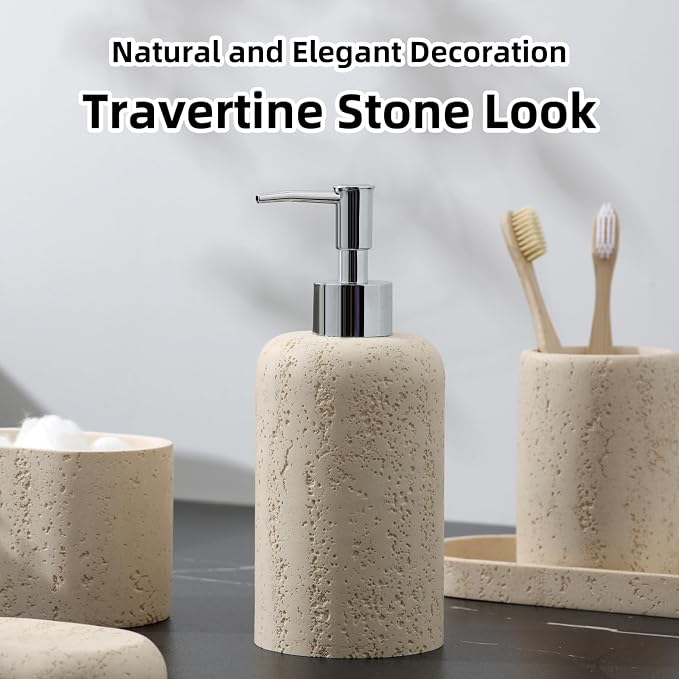 Bathroom Accessories Set, 5PCS, Travertine Stone Look, Yellow | Modern Bathroom Accessory Set with 13.53OZ Soap Dispenser, Mouthwash Cup, Toothbrush Holder, Qtip Holder, Vanity Tray
