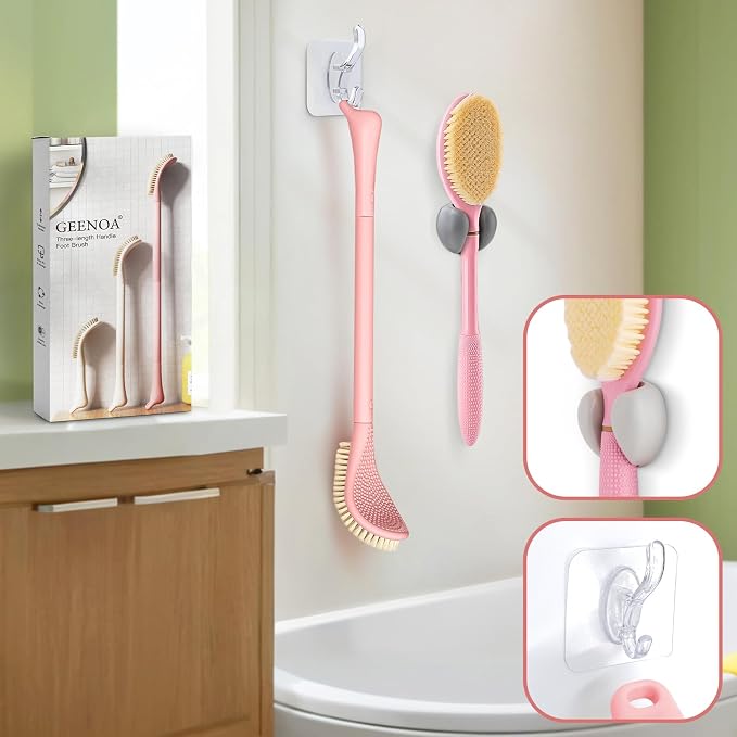Foot Brush & Back Scrubber Set, 27.5'' Adjustable Foot Scrubber for Shower, 18.9'' Shower Back Scrubber with 3-Length Usage, Great Aid for People with Limited Mobility(Pink Set)