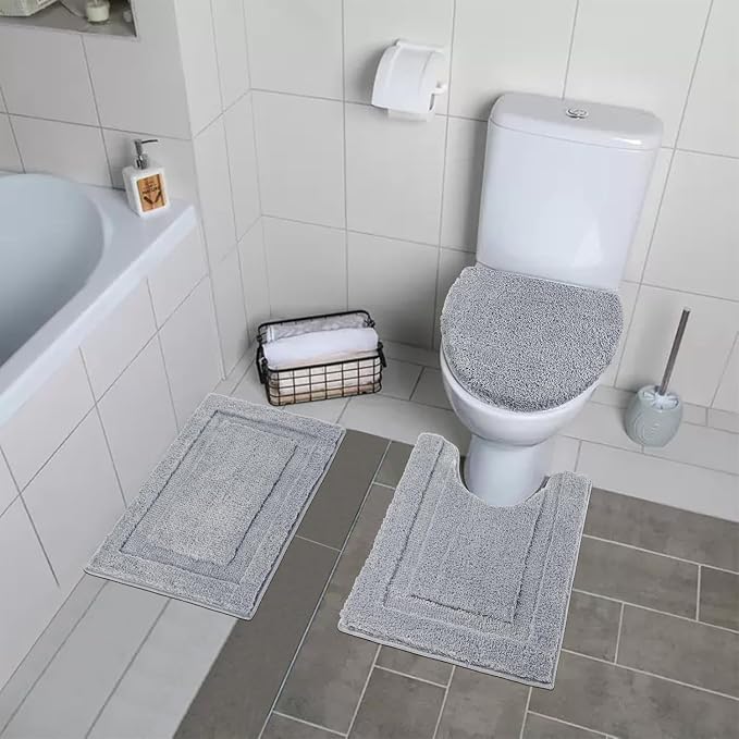 SHACOS Microfiber Bathroom Rugs Set of 3 Pieces | Small Bath Mats 16"x24" with Toilet Lid Cover U Shaped Toilet Rug Fluffy Plush Non Slip Washable Carpet(Light Grey)