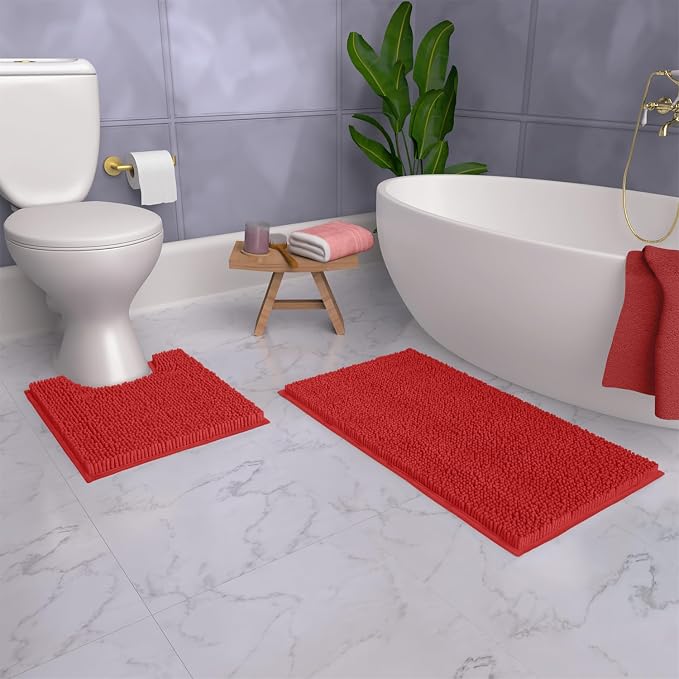 LuxUrux Red Christmas Bathroom Rugs Sets 2 Piece: Quick Dry, Soft Plush Anti-Slip, Super Absorbent. Includes Rectangular (31x20 inches) & U-Shaped Toilet Mat (20x20 inches) | Red