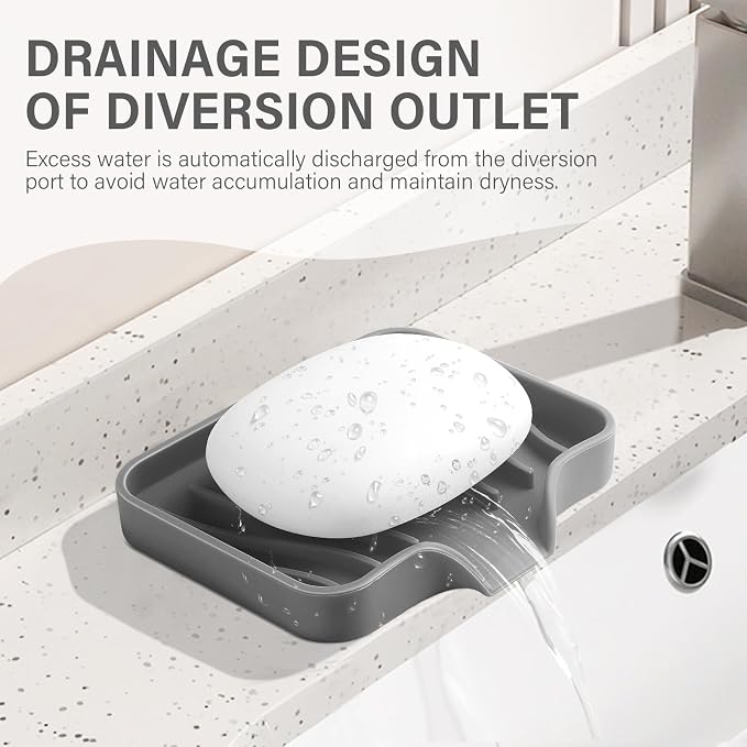 Silicone Soap Dish with Drain, SAISN Kitchen Soap Tray for Shower 2 Pack Self Draining Soap Dish Soft Bathroom Soap Holder for Kitchen Sink Flexible Portable Soap Saver, Grey
