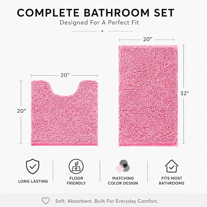 Bathroom Rugs Sets 2 Piece,Super Absorbent Soft,Thick,Machine Washable Chenille Bath Mat,Non Slip Toilet Floor Rug,Bath Mats for Bathroom,20x32 Plus 20x20 U Shape,Pink