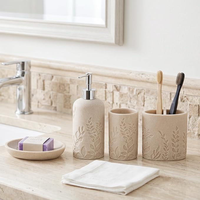 Bathroom Accessories Set, 4 PCS, Sandstone Look Leaf Beach Style | Modern,Minimalist,With Soap Dispenser 13.19 OZ, Toothbrush Holder, Tumbler, Soap Dish, Bathroom Countertop Organizer