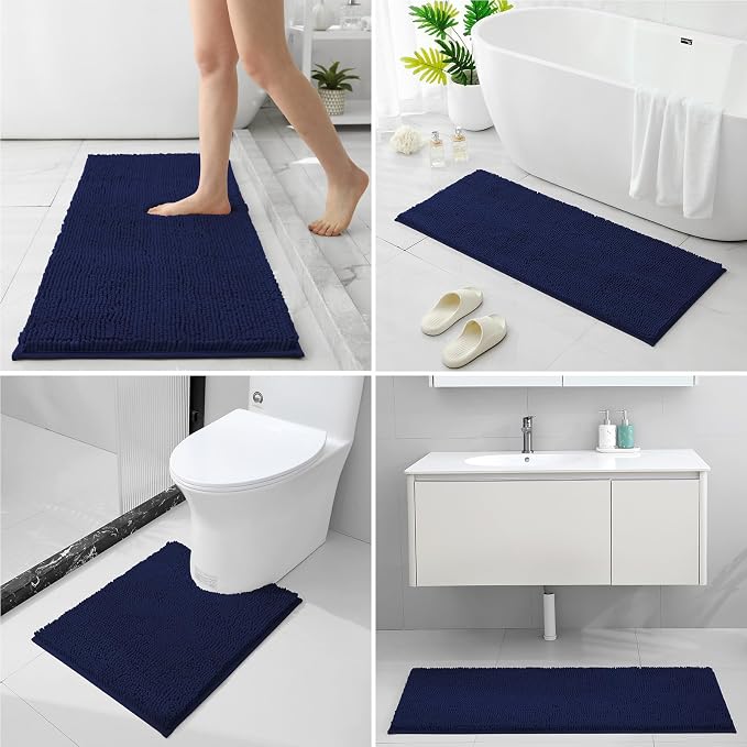 HOMEIDEAS Navy Blue Long Chenille Bathroom Rugs Set of 3, Non Slip Bath Mat | Super Absorbent, Soft Microfiber, Machine Washable, Stain Resistant, for Bathroom Decor