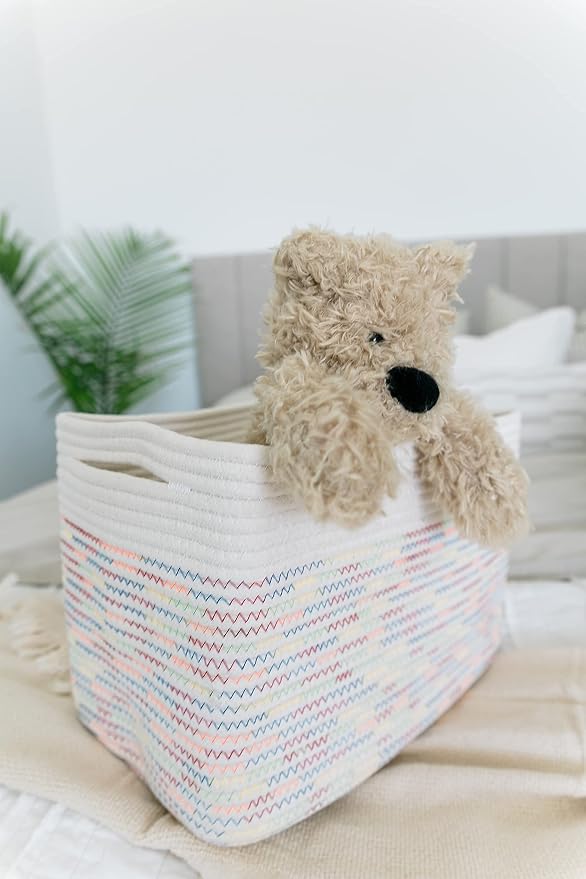 OrganiHaus Rainbow Stitches Cotton Rope Baskets for Shelves, Set of 3 - 15"×10"×9½" - Colorful Storage Baskets for Kids - Nursery, Playroom, Classroom - Toy Storage, Books, Towels