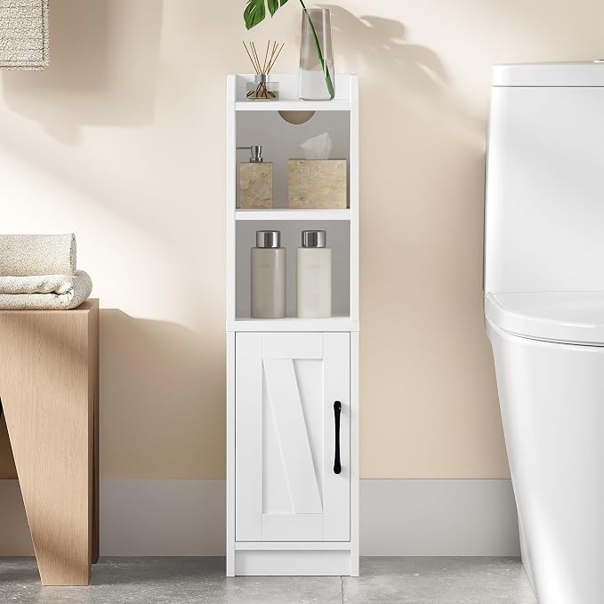 Hzuaneri Bathroom Storage Cabinet, Small Farmhouse Corner Floor Cabinet with Door and Shelves, Narrow Toilet Paper Holder Stand, Bathroom Organizer with Adjustable Shelf, for Small Spaces, White
