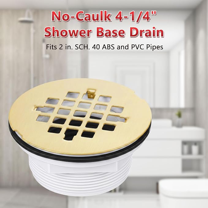 Enhon 4.25" OD Shower Drain Assembly, Snap in Shower Base Drain and Round Grid Strainer Cover, Fits 2 in. Schedule 40 ABS and PVC Pipes, Stainless Steel Cap, ABS Base(Golden,1 Pack)