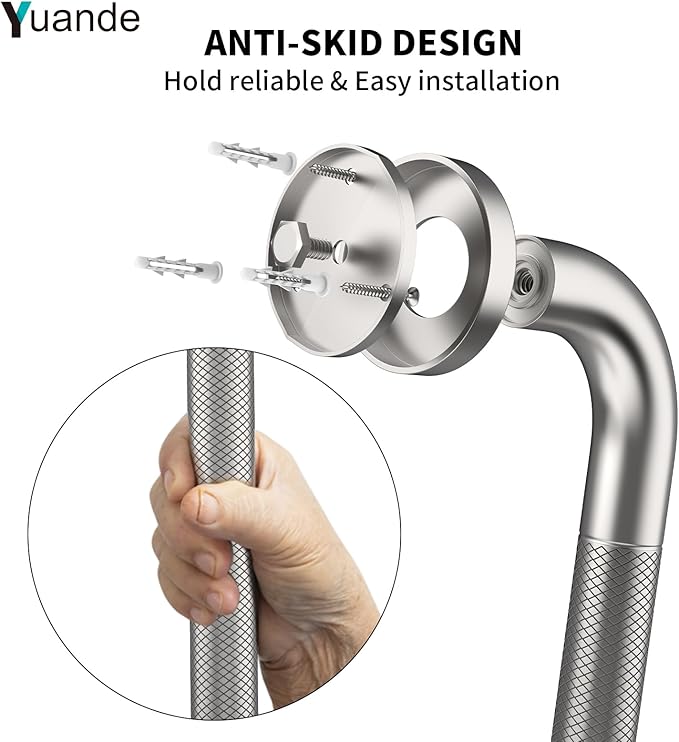 24 Inch Anti Slip Shower Grab Bar, YuanDe Brushed Nickel Stainless Steel Bath Grab Bar, Knurled Bathroom Safety Rail, Shower Handrail Support, Handicap Elderly Balance Assist Handles-1.25" Diameter