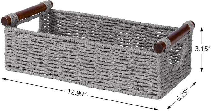 CubesLand Small Wicker Toilet Basket Tray Organizer W/Cut Out Handle, Handwoven Slim Decorative Basket for Countertop, Shelves And for Rustic Home Decor, Living Room, Nursery Organization, Grey