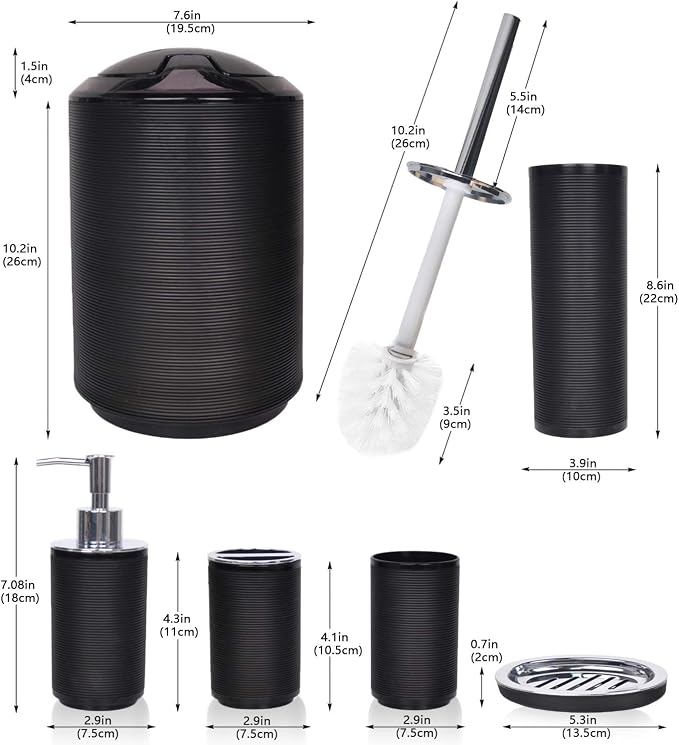 CERBIOR Bathroom Accessories Set 6 Piece Spiral Pattern Bath Ensemble,Black | Includes Soap Dispenser, Toothbrush Holder, Toothbrush Cup, Soap Dish for Decorative Countertop and Housewarming Gift