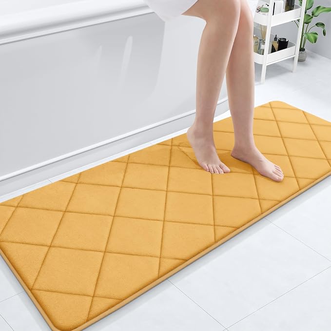 OLANLY Memory Foam Bath Mat 59x20, Ultra Soft and Absorbent Bathroom Rugs | Yellow, Quick Dry, Machine Washable Shower Bath Rugs, Comfortable Bath Carpet for Bathroom Floor, Tub and Shower
