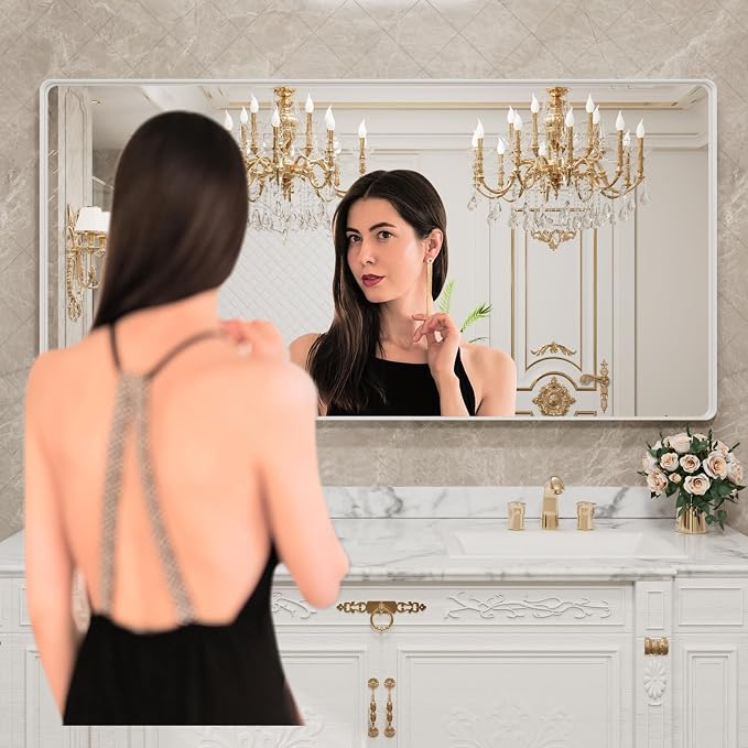LOAAO 72x32 Inch White Metal Framed Bathroom Mirror for Wall | Rounded Rectangle Mirror, Anti-Rust, Tempered Glass, Hangs Horizontally or Vertically
