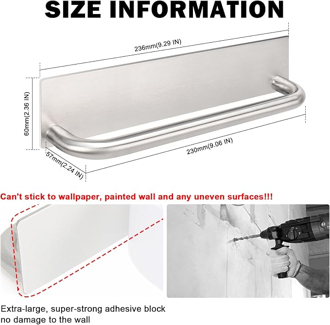 Livabber Self Adhesive Hand Towel Holder- 304 Stainless Steel Hand Towel Bar for Bathroom Kitchen Stick on Wall, Towel Ring No Drilling, 9 Inch (Brushed Nickel)