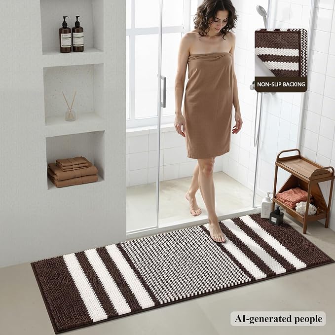 Large Bathroom Rugs Runner, 20x47 Chenille Bath Mats, Coffee | Extra Soft Absorbent, Non Slip Striped, Quick Dry Machine Washable, Modern, Shower Rug for Bathroom Bedroom Decor