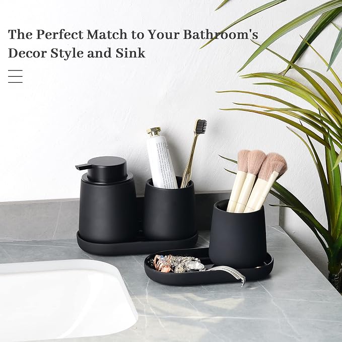 BosilunLife Ceramic Bathroom Accessories Set 3 Pcs | Liquid Soap Dispenser and Toothbrush Holder with Tray, Modern Farmhouse Vanity Decor, Black Housewarming Gift (Black-Liquid)
