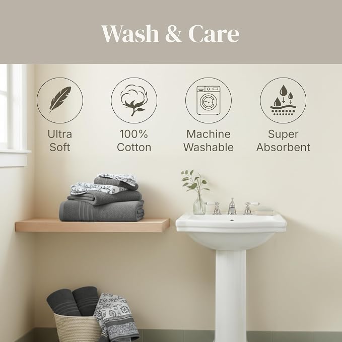 Modern Threads 6 Piece Bath Towel Set – Bathroom Set with 2 Bath Towels, 2 Hand Towels, and 2 Wash Cloths – 100% Cotton, Super Absorbent & Extra Soft – Reversible Floral Trail (Gray)