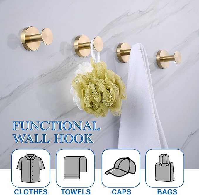 NEWRAIN Towel Hooks, 4 Pack Towel Holder for Bathroom Wall, Cabinet Closet Door, Kitchen, Bedroom, Hotel - Modern Design Effortless Mounting Towel Hangers, Robe Hook Brushed Gold