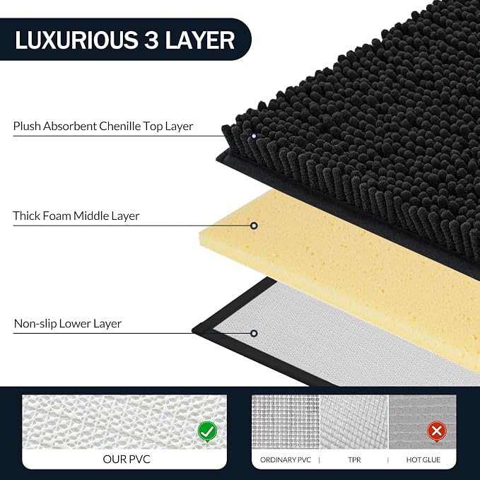 LINLA 3 Pieces Bathroom Rug Set, Absorbent Non Slip Chenille Bath mat | Absorbent Thick Plush Chenille Carpet Mats Set,Washable Dry Quickly with U-Shaped Toilet Mat for Tub, Shower