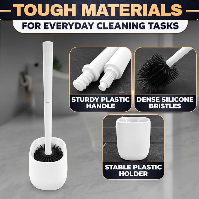 Toilet Brush and Holder Set - Silicone Toilet Bowl Brush with White Holder Base, Compact Bath Accessory for Small Spaces - Easy to Place and Simple to Store After Use, Plastic Bathroom Cleaning Tool
