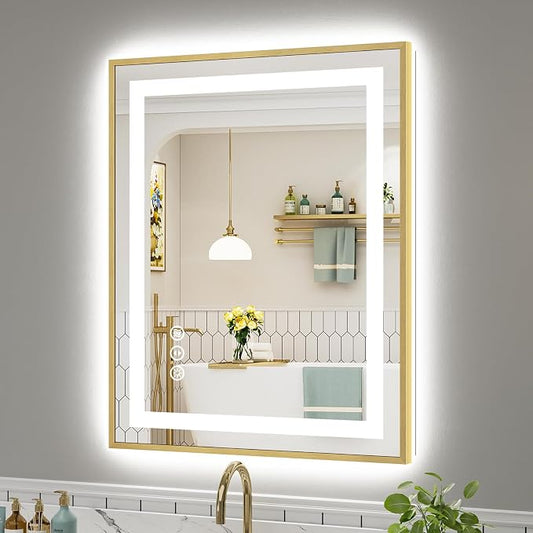 28x36 Inch LED Bathroom Mirror with Gold Frame, Backlit & Front Lit | Anti-fog, 3 Color Dimmable, Memory Function, HD Reflection Tempered Glass, ETL Listed, IP54 Waterproof