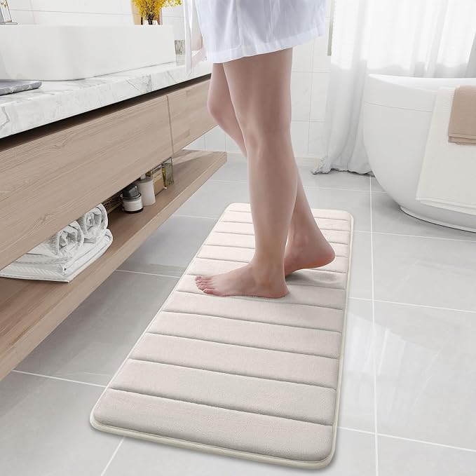 Buganda Memory Foam Bath Mat 47 x 17, Ultra Soft Absorbent Bathroom Rugs | Cream, Machine Washable Quick Dry Bath Mats for Bathroom Floor, Shower and Tub, Home Decor Accessories