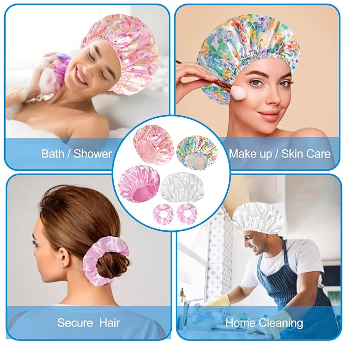 Shower Cap for Women Set of 4, Reusable Bath Caps + 2 Satin Hair Scrunchies | Double Layers, Waterproof Hair Caps, for Bath Accessories, Spa, Travel Home - Pattern B