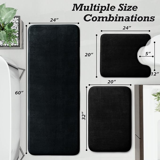 Bathroom Rugs Sets 3 Piece, Non-Slip & Quick Dry Bath Mat Set, Ultra Soft Velvet Bath Rugs for Bathroom, Toilet and Shower Floor, Black