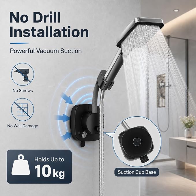 Black Shower Head Holder, Suction Cup Handheld Shower Holder, No Drill Adjustable Shower Wand Bracket with Lever Lock Removable Holder for Smooth Tile Glass Marble Metal Fits Most 1/2" Hoses